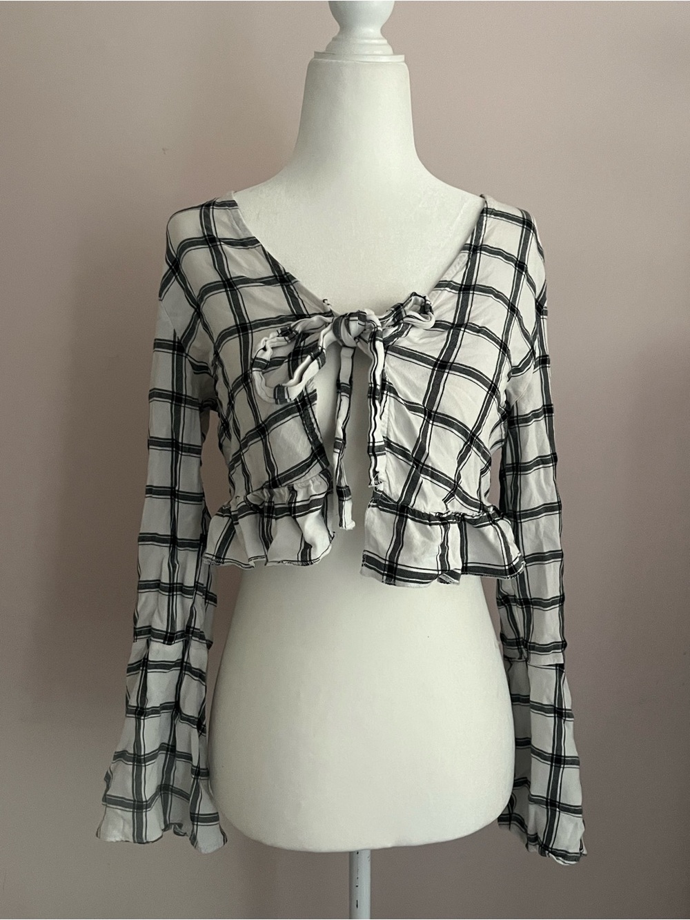 Black & White Plaid Tie-Front Ruffle Top/Cardigan